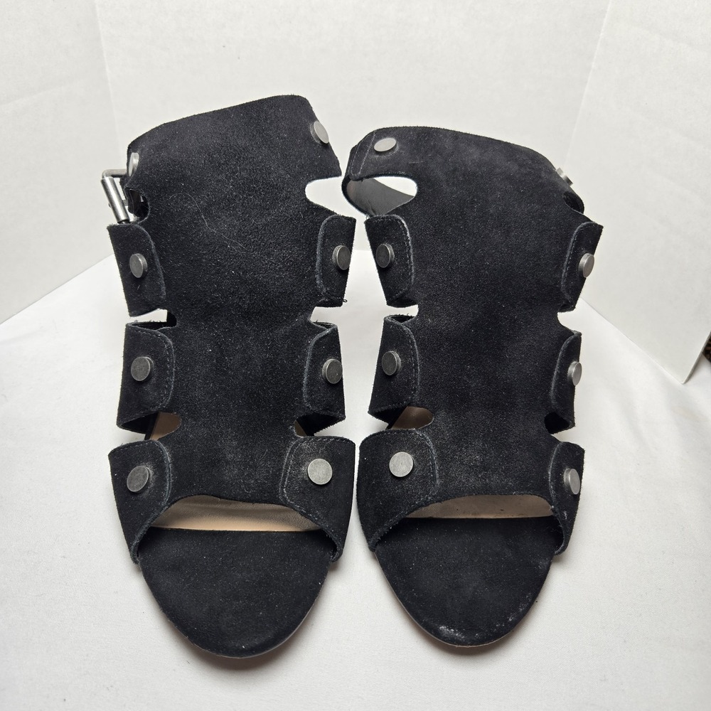 Audrey Brooke Katie Black Suede Leather Chunky Cone Heel Sandals 8.5 Studs Edgy